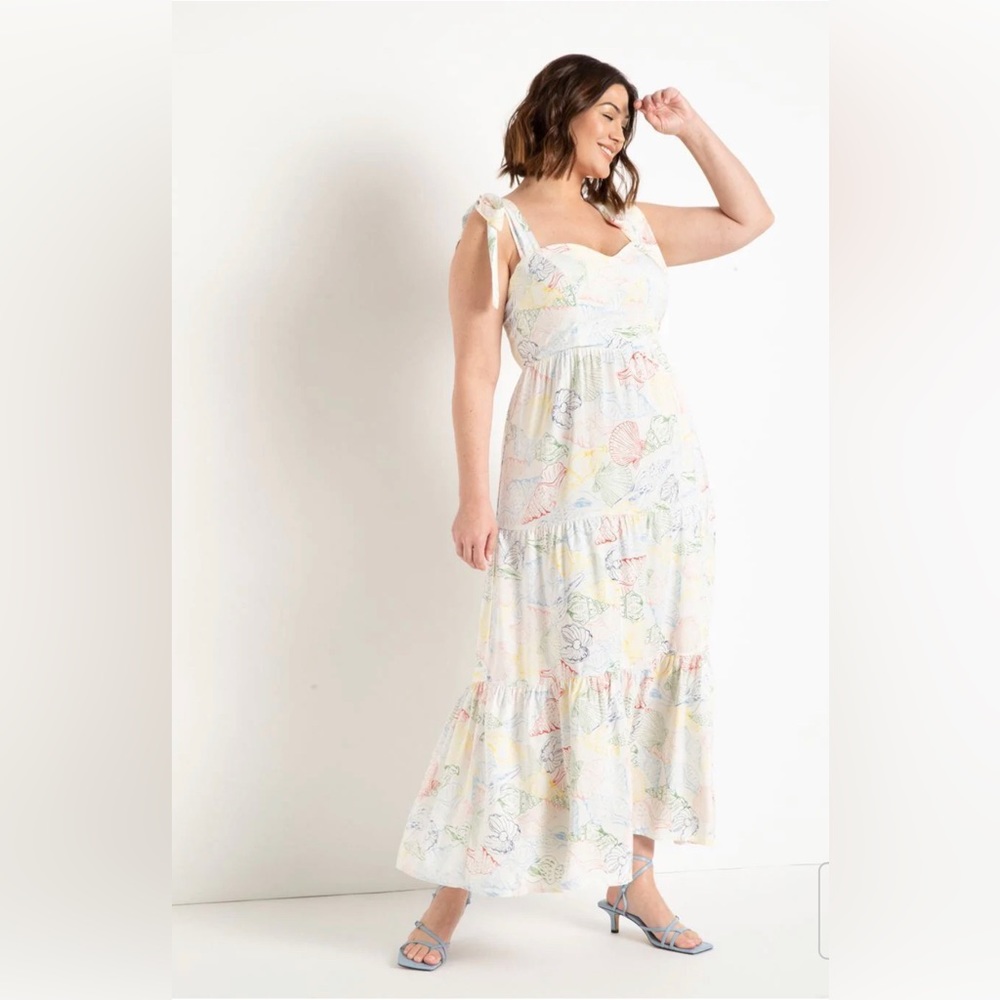 Eloquii Tiered Maxi with Tie Straps in She Sells Sea Shells